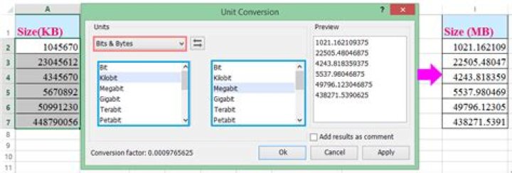How do I convert KB to MB in Excel?
